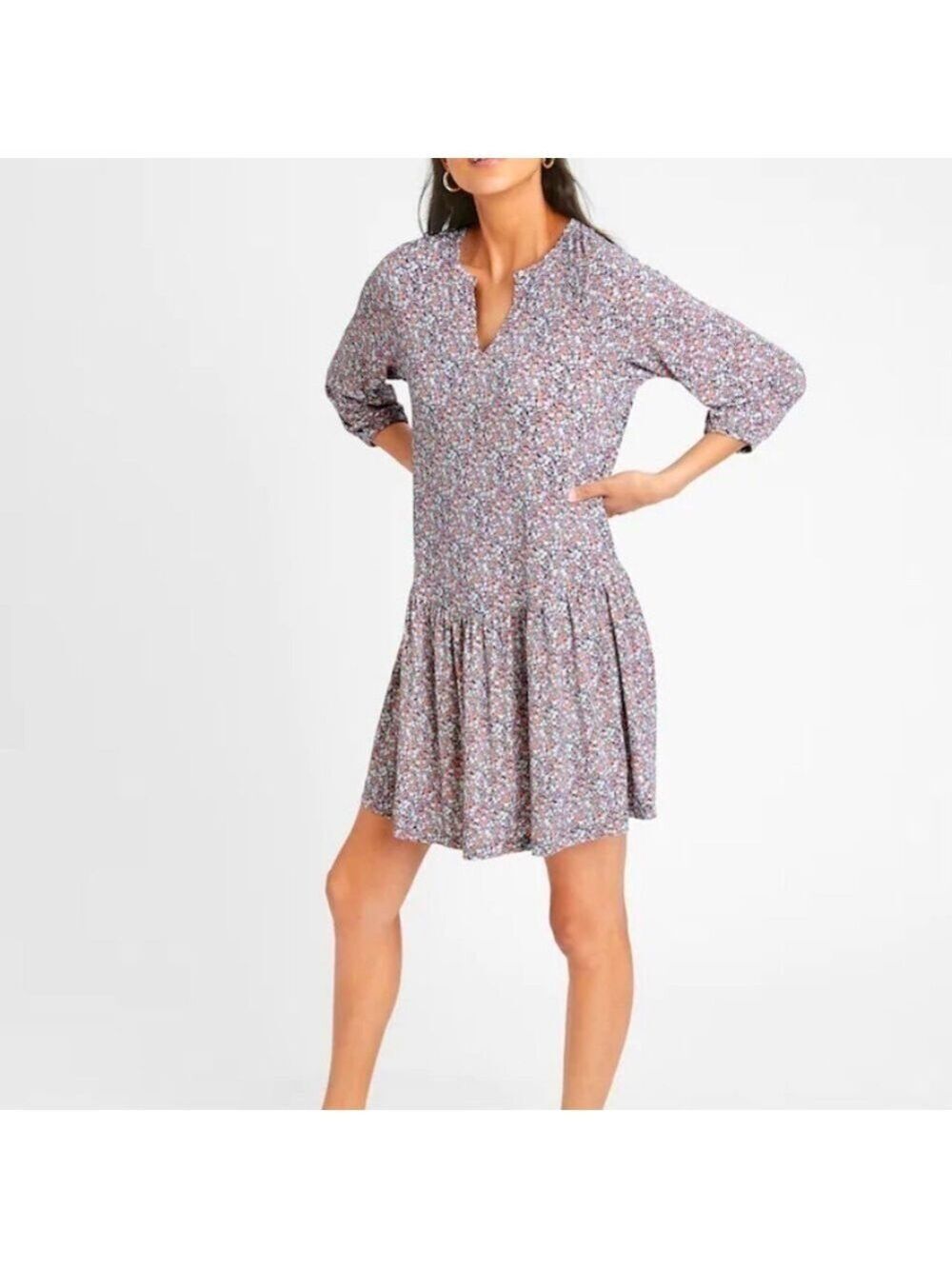 Banana Republic Dress Women Flounce-Hem Floral Shift Long Sleeves Size XS Petite